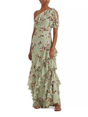 Lauren Ralph Lauren Floral Crinkled Dress one-shoulder sage green ruffle